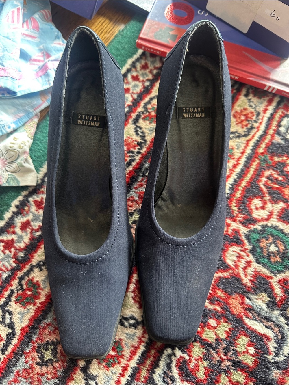 Stuart Weitzman Navy Square-Toe Fabric Pumps